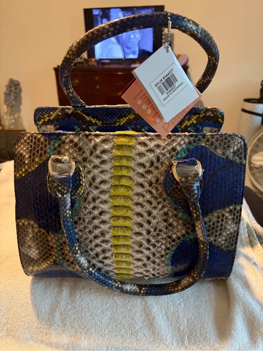 Python-Texture Top-Handle Satchel in Blue, Yellow & Gray